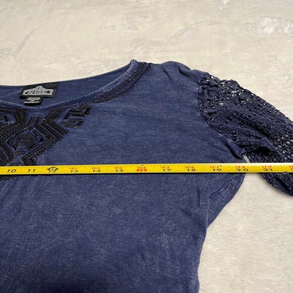 Angie Boho Top Women's M Dark FairyCore Navy Black Crocheted Bell Sleeve Tribal - Picture 5 of 7